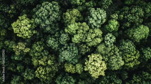 Dense green forest canopy seen from above, showcasing lush natural vegetation and woodland patterns