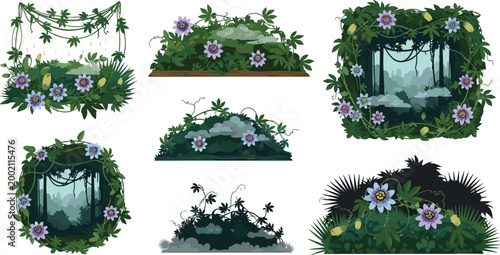 Tropical Jungle Garden Frames With Passion Flower Vines And Lush Foliage Vector Illustration Set