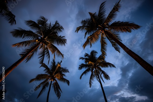 Low angle view of tall coconut palm trees against a dramatic blue twilight sky at dusk