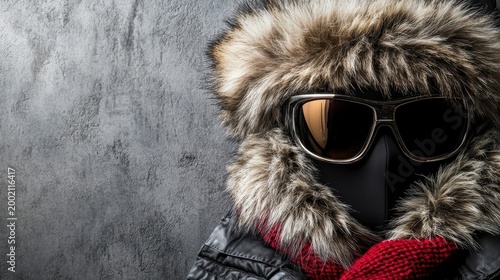 Stylish winter fashion featuring a fur-lined hood, sunglasses, and a warm scarf against an urban background