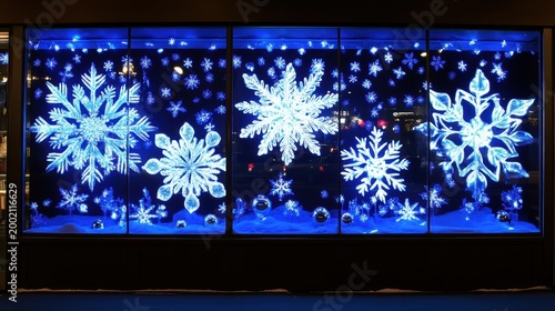 Enchanting Christmas Window Display Adorned with Twinkling Snowflakes and Deep Blue Lights, Creating a Festive Winter Atmosphere