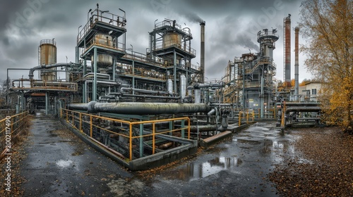 Gloomy industrial factory emitting thick smoke under an overcast sky, showcasing environmental damage.