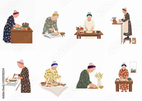 Bild auf Leinwand Set of Eight Flat Vector Illustrations of Elderly Women Baking Homemade Pies and