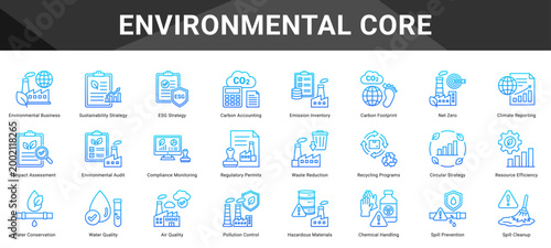 ENVIRONMENTAL CORE  Icon set collection. Vector icon pack featuring thematic icons for your presentations or business.