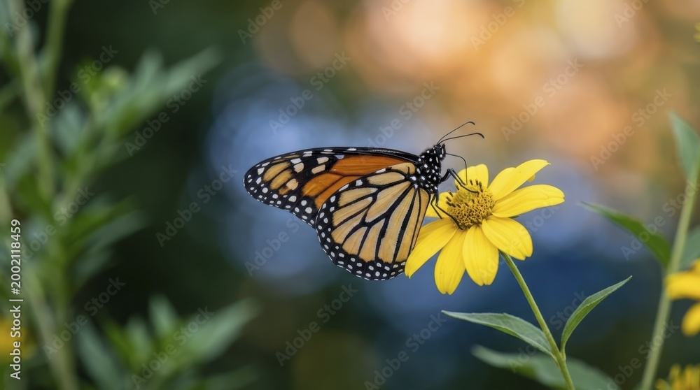 Obraz premium Monarch butterfly resting on a yellow wildflower in a sunny summer meadow