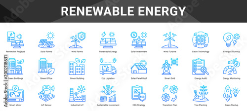 RENEWABLE ENERGY  Icon set collection. Vector icon pack featuring thematic icons for your presentations or business.
