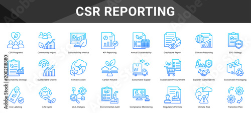 CSR REPORTING  Icon set collection. Vector icon pack featuring thematic icons for your presentations or business.