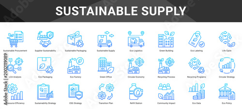 SUSTAINABLE SUPPLY  Icon set collection. Vector icon pack featuring thematic icons for your presentations or business.