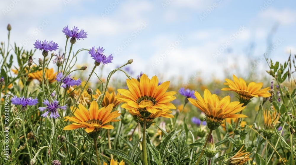 Fototapeta premium Wildflowers blooming in a sunny meadow during the summer season