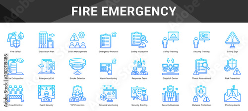 FIRE EMERGENCY  Icon set collection. Vector icon pack featuring thematic icons for your presentations or business.