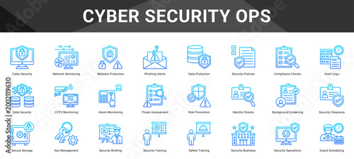 CYBER SECURITY OPS  Icon set collection. Vector icon pack featuring thematic icons for your presentations or business.