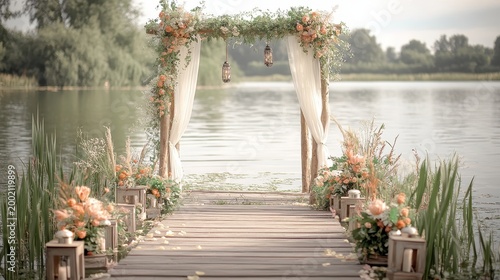 Romantic Lakeside Wedding Arch Decoration on Wooden Pier with Floral Accents and Hanging Lanterns