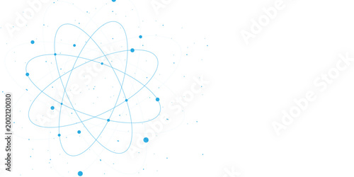 Photos Minimalist blue atom model vector, scientific nuclear physics symbol with orbiti