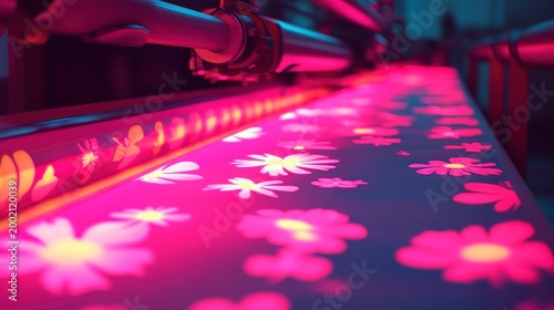 Vibrant floral patterns being printed onto textile rolls with dynamic pink and red lighting in a modern manufacturing setting.