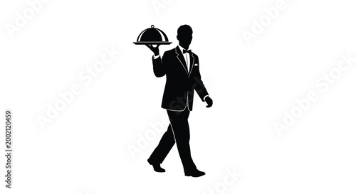 Waiter with covered tray presentation black silhouette