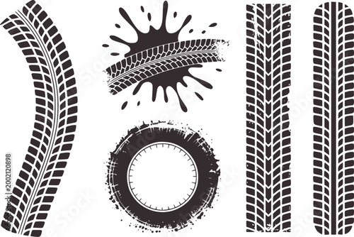 Collection of dark gray tire tracks and mud splatter white background, tread