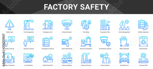 FACTORY SAFETY  Icon set collection. Vector icon pack featuring thematic icons for your presentations or business.
