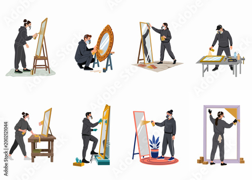 Set of illustrations depicting people in protective gear renovating and spray painting mirrors for home decor DIY projects.