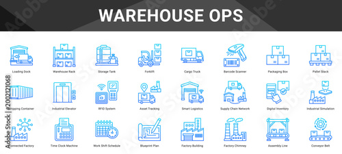 WAREHOUSE OPS  Icon set collection. Vector icon pack featuring thematic icons for your presentations or business.