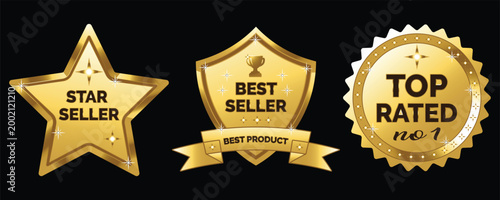 Golden star seller badge and shield with trophy ribbon gold best product top.