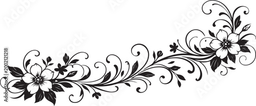  A flowing black floral design showcases delicate blooms