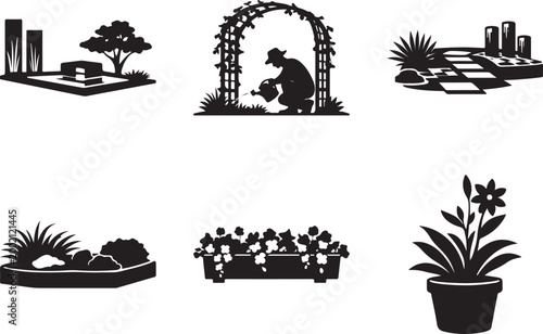gardening silhouettes featuring potted plants, window boxes, trellis with watering gardener, and modern landscape elements isolated on white background