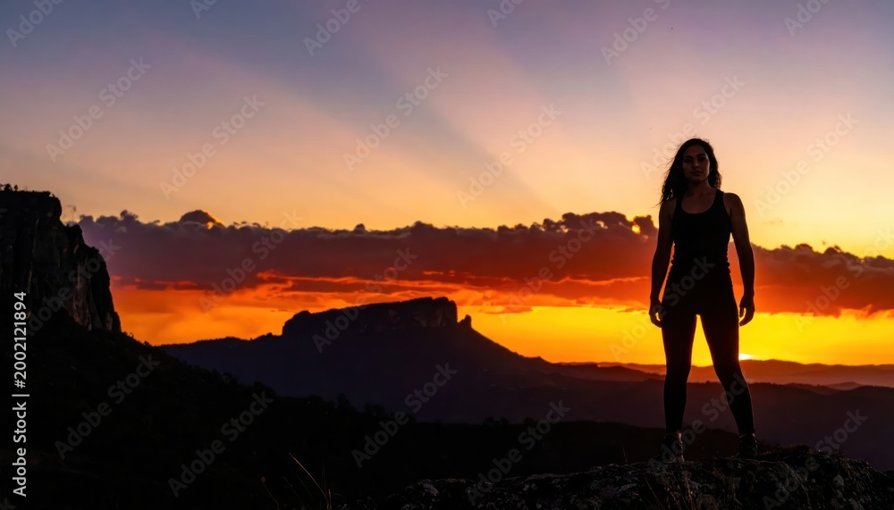 Fototapeta premium Silhouette of a woman standing on a mountain at sunset.