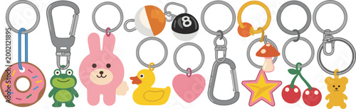Collection of colorful cartoon keychains on white 