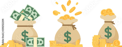 Money bags with coins and banknotes on white background