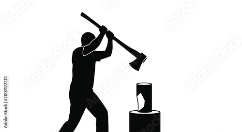 Black silhouette illustration of a strong man swinging a sharp axe on white background