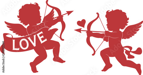 Red silhouettes of cupids with bows and arrows love