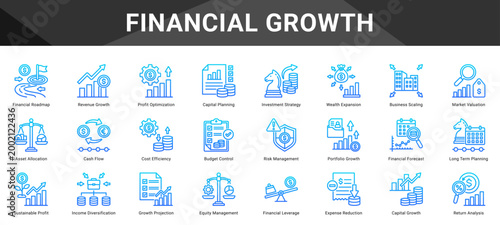 FINANCIAL GROWTH  Icon set collection. Vector icon pack featuring thematic icons for your presentations or business.