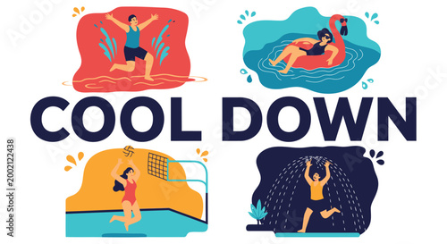 Summer fun, cooling off, relaxation icons, people chilling, heat relief