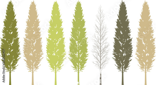 Vector illustration of seven stylized tree silhouettes in varying colors representing seasonal and species variation
