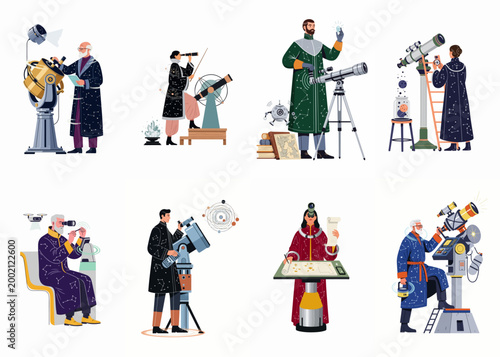 Set of diverse astronomers and scholars in starry robes using different telescopes and equipment for celestial observation and star mapping.