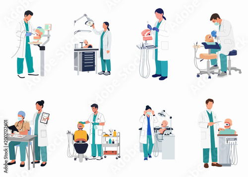 Flat vector illustration set of dental students and dentists practicing medical procedures on mannequin heads in a clinical training environment.