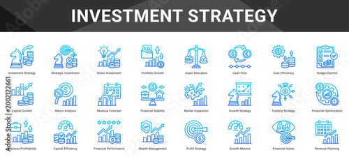 INVESTMENT STRATEGY  Icon set collection. Vector icon pack featuring thematic icons for your presentations or business.