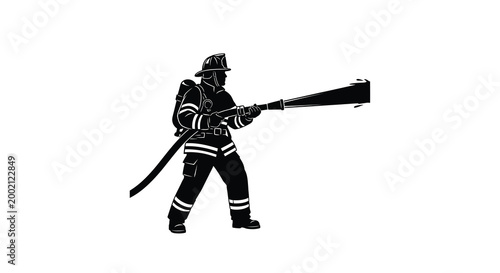 Firefighter with hose in action black silhouette