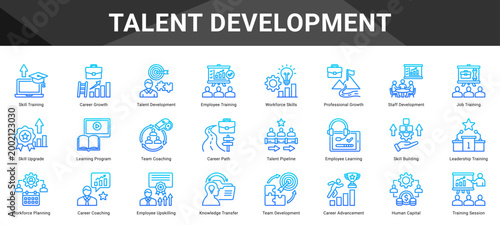 TALENT DEVELOPMENT  Icon set collection. Vector icon pack featuring thematic icons for your presentations or business.