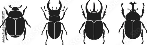Four black beetle silhouettes, including rounded and horned shapes in a row