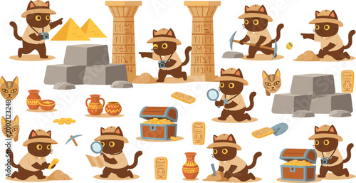Vector illustration of cartoon cats as archaeologists exploring pyramids, artifacts, and treasures in ancient Egypt