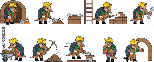 Vector illustration of cartoon armadillos in construction gear performing building tasks with tools and equipment