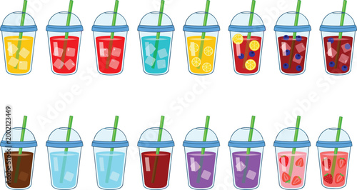 Vector illustration of colorful cold beverage cups with fruit slices and ice cubes in decorative design