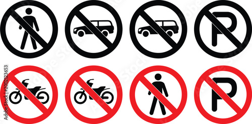 No parking road warning signs, red circle prohibition symbols showing no car entry traffic restriction markers in vector illustration design.