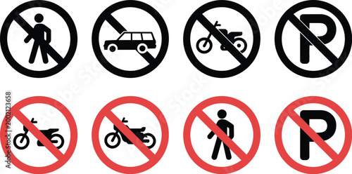 No parking road warning signs, traffic restriction icons with red circle symbols representing vehicle prohibition and road safety regulation in flat vector style.