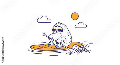 Fun, cartoon dinosaur on paddleboard, summer vacation icon, yellow surfboard, blue illustration