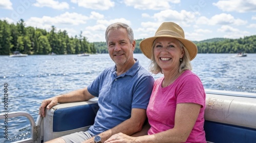 Happy middle aged couple smiling while riding a pontoon boat on a lake in summer