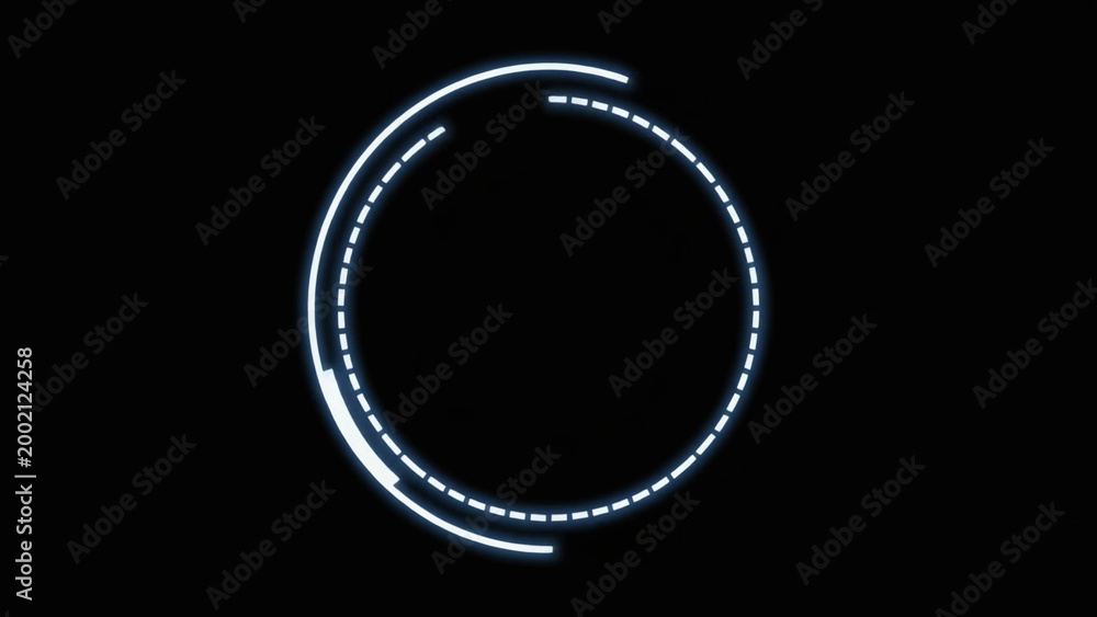Fototapeta premium Futuristic circle animation on black background with glowing white lines and elements