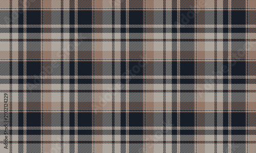 Seamless plaid pattern in grey, navy, and orange for textiles and clothing design, adding dimension and distinction to garments. High-quality vector file, easy to use.