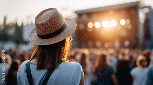 Young woman in a straw hat watching a live outdoor concert at sunset with a blurred crowd and glowing stage lights.